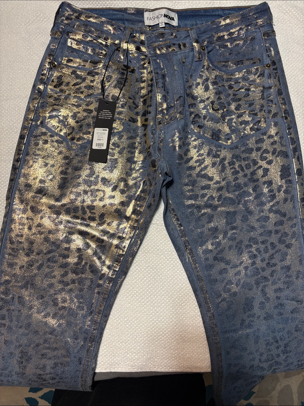 Fashion Nova Women's Gold Metallic Leopard Print Flare Jeans